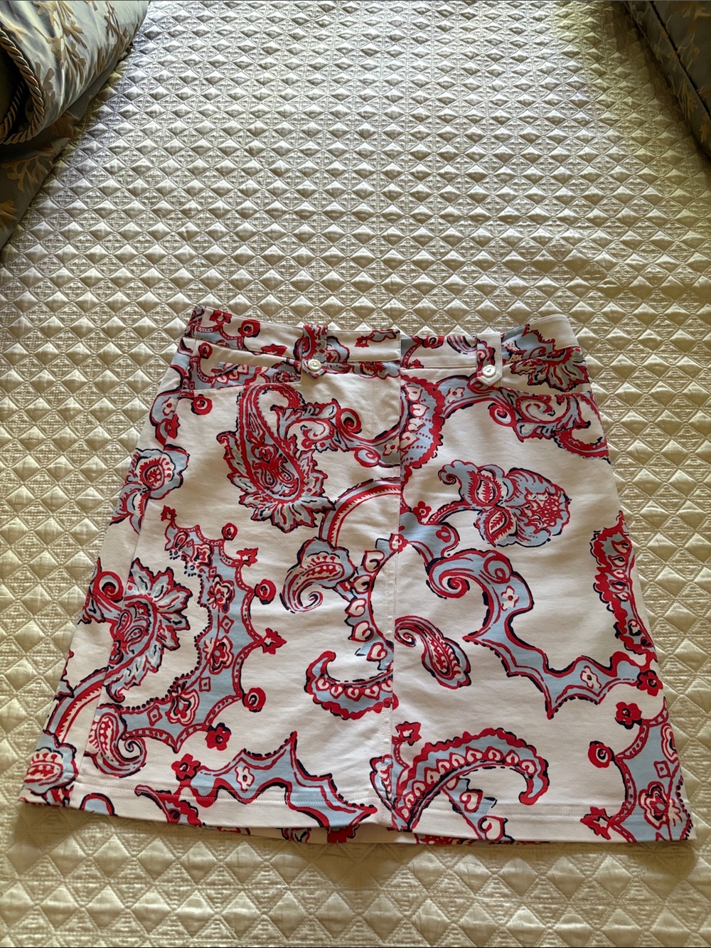 Women's White A-Line Skirt with Red Paisley Print